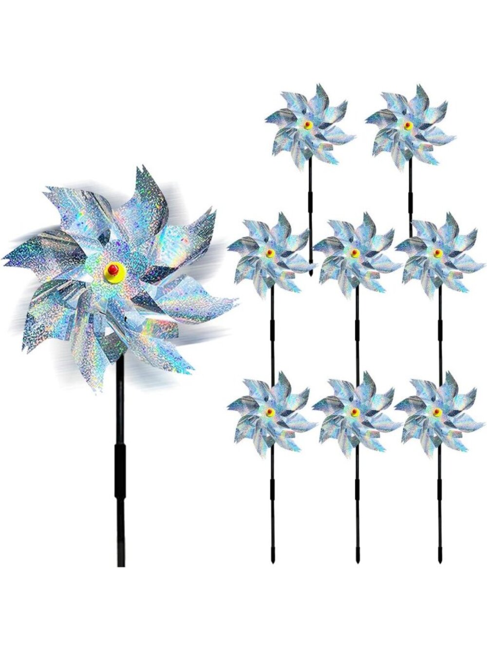 8 Pack Reflective Pinwheels for Garden & Yard - Bird Deterrents, Outdoor Fun